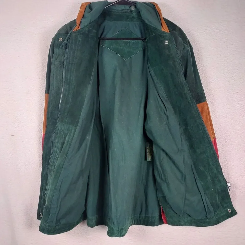 Gitano Vintage Style Leather Suede Jacket Mens Small Hooded Colorblock Green Red